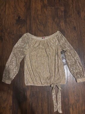Women's Vince Camuto Metallic Gold Beige Shimmer Tie-Hem Long Sleeve Blouse
